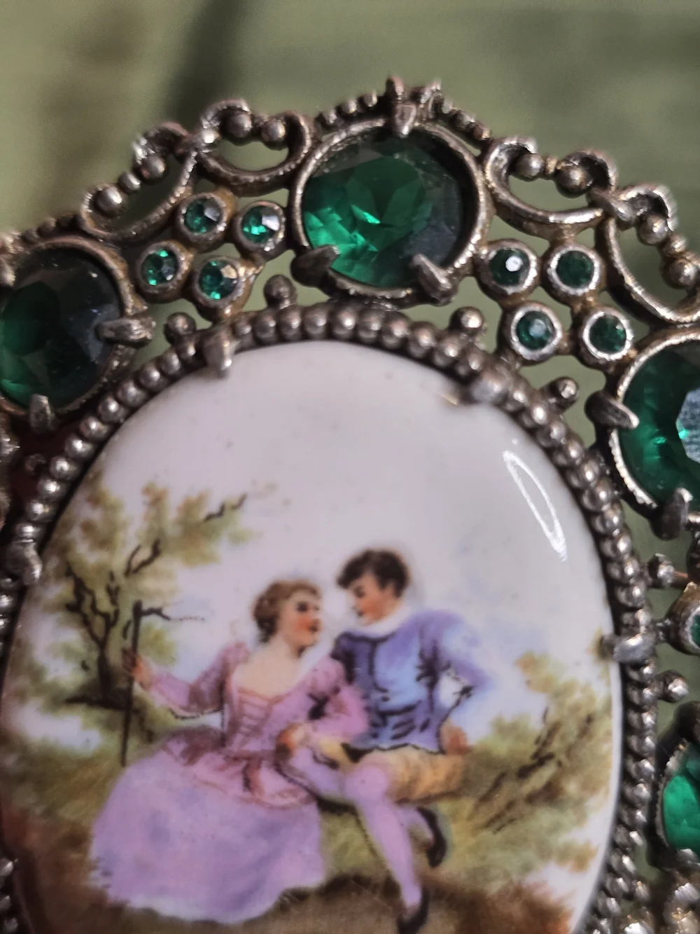 H Pomerantz Vintage Green Jeweled Oval Brooch with Romantic Porcelain Scene Rare
